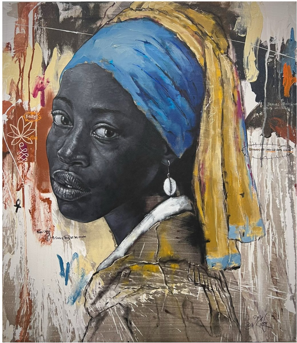 Painting of a young woman in a headscarf, turned over her shoulder