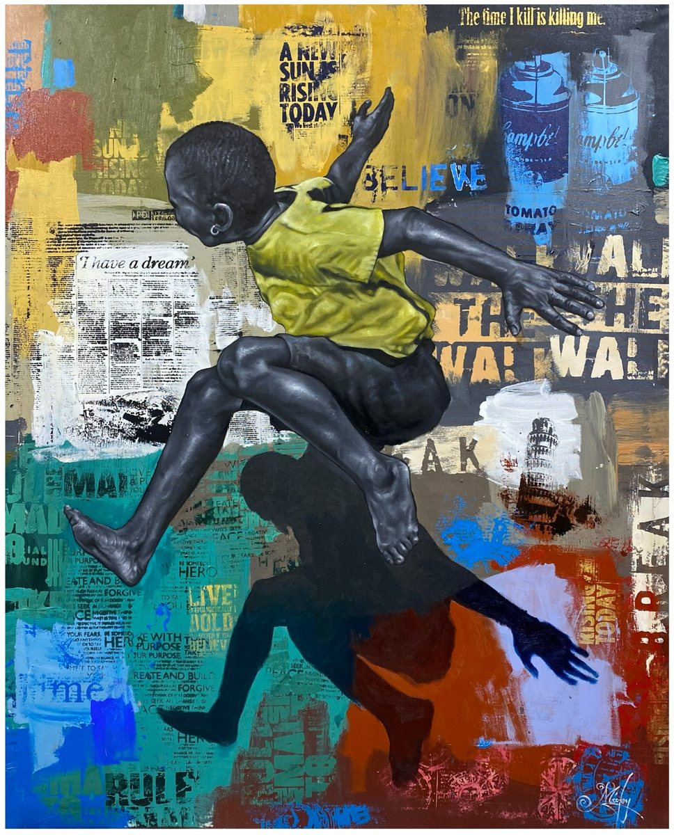 Painting of a child in a yellow shirt, mid-leap