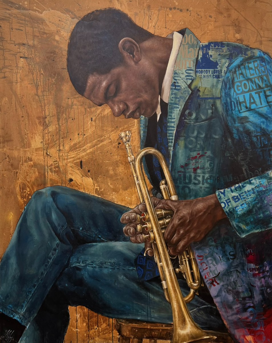 Painting of a seated trumpet player, head bowed, in a collaged blue jacket