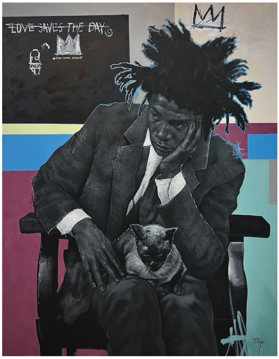 Painting of a seated figure with a cat, in bold black outlines over a warm ground