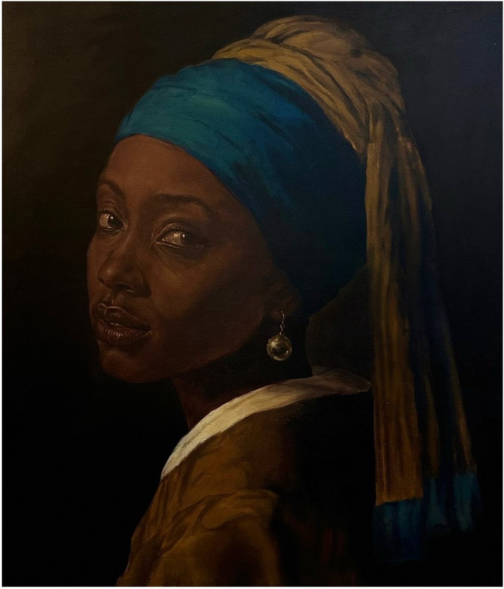 Painting of a young woman in a blue headscarf, turned over her shoulder